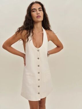 Reformation Cream Button Halter Mini Dress